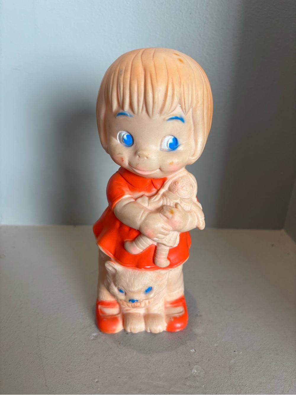 J.L Prescott Rubber Vinyl Squeaky play Toy Girl Holding Doll kitten 1968 retro
